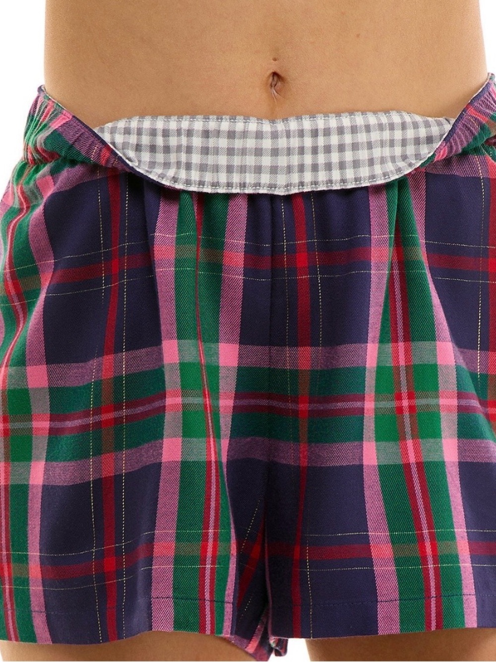 Plaid Elastic Waist Lounge Shorts - Pink, Green & Navy